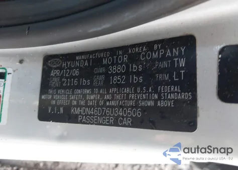 2006 Hyundai Elantra Gls/Limited z USA, uszkodzony, nr VIN KMHDN46D76U340506